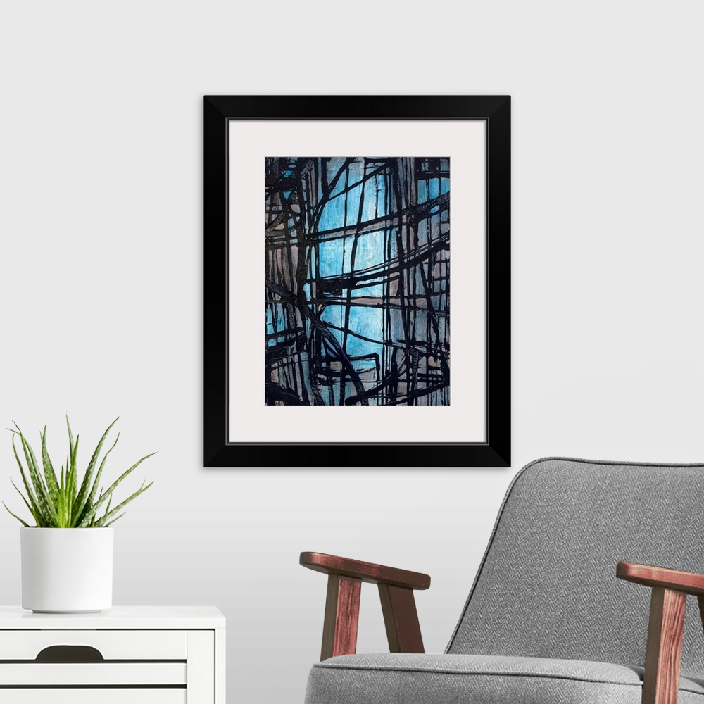 A modern room featuring Portrait, oversized, abstract art of rough, dark lines, intersecting in various directions on a l...