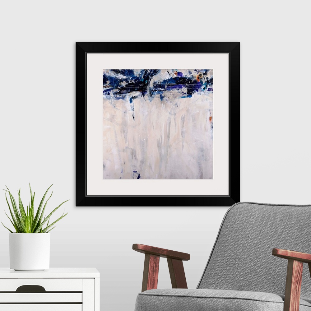 A modern room featuring This artwork is a square gicloe print of an abstract painting with dark shapes decorating the top...