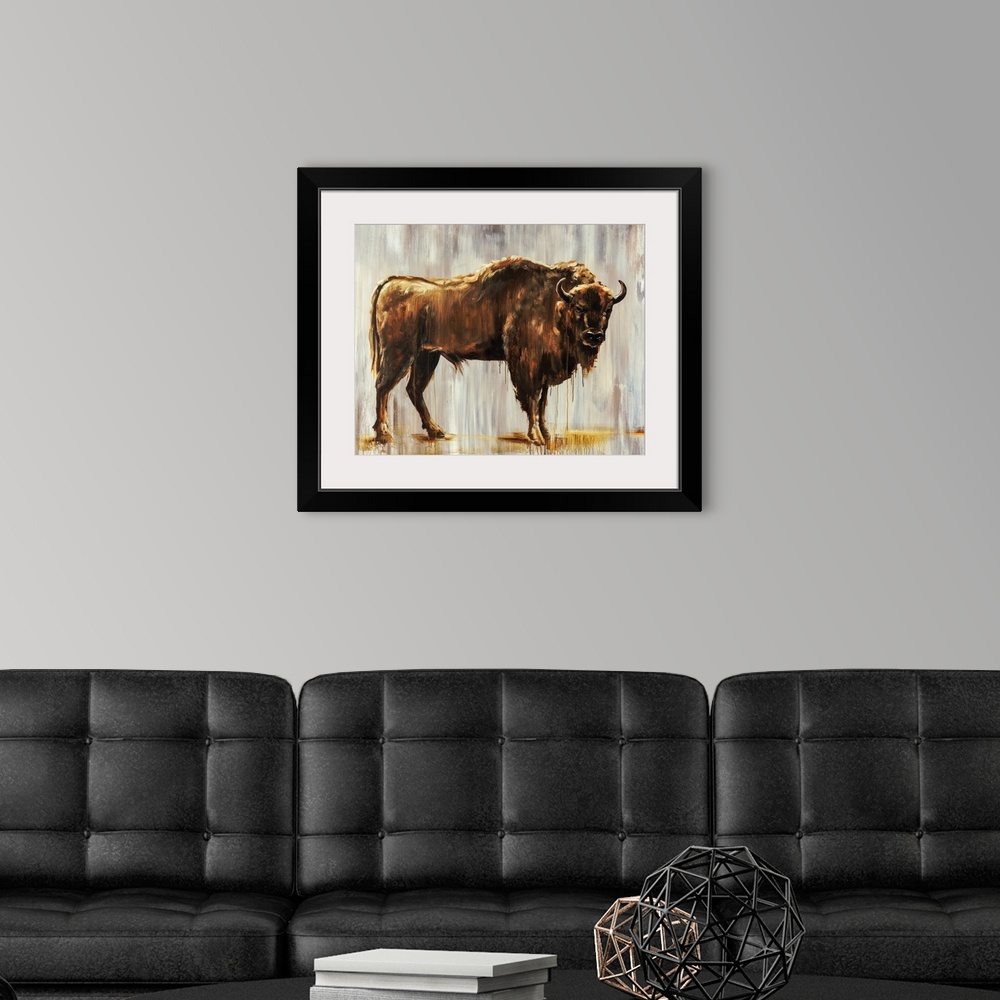 A modern room featuring Contemporary portrait of a bison in front of a gray-streaked background.