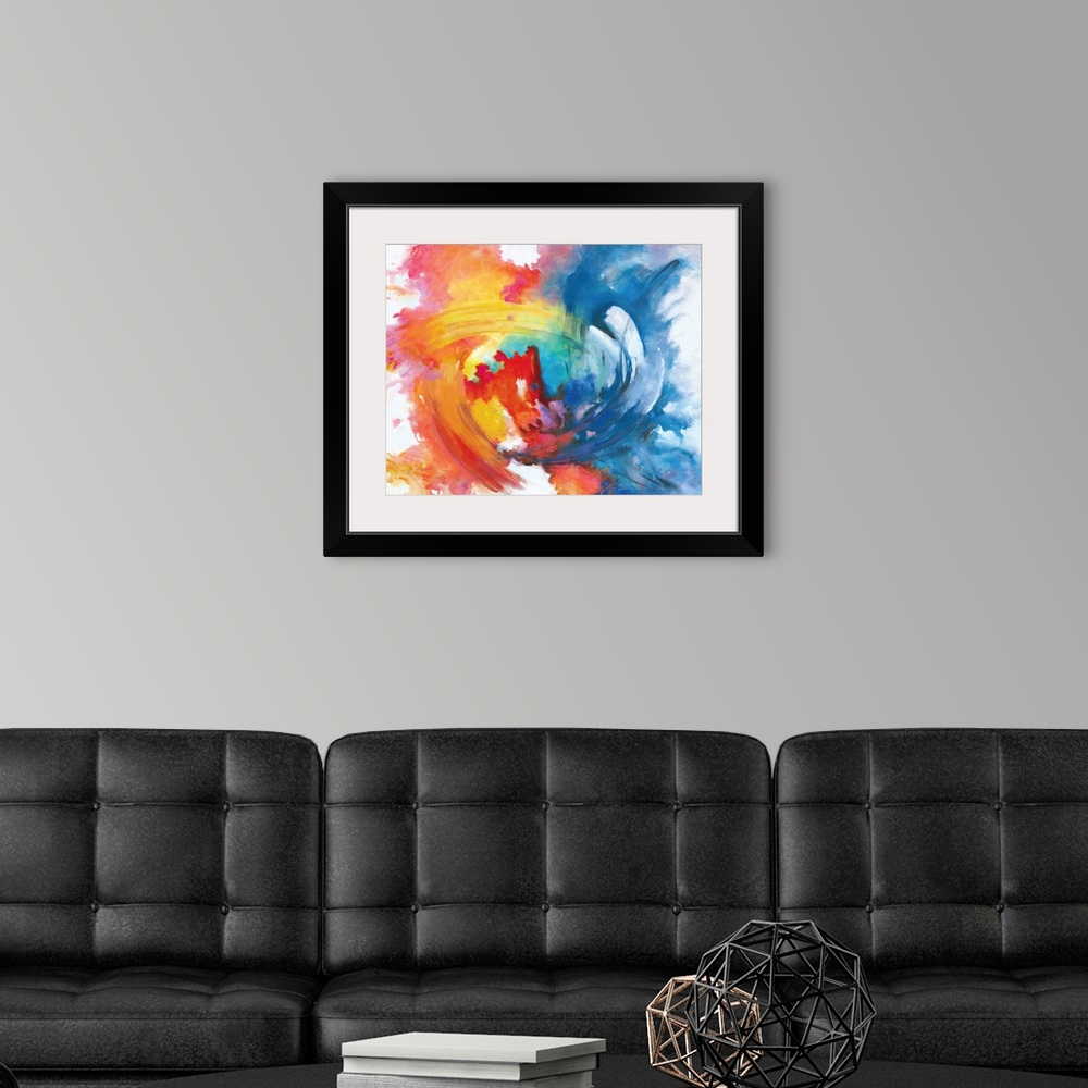 A modern room featuring Contemporary abstract painting in vivid rainbow colors, swirling in the center.