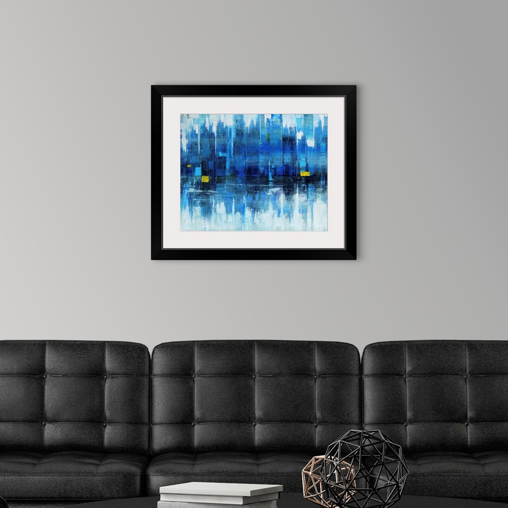 A modern room featuring Abstract modern art of a city skyline reflected off a body of water.