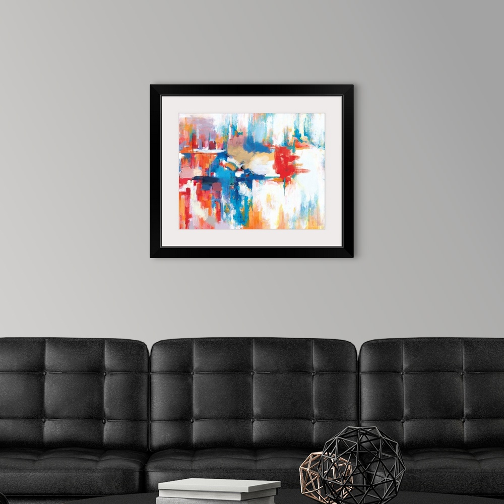 A modern room featuring A contemporary abstract painting using horizontal arrangement of colors.