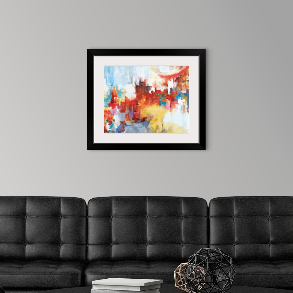 A modern room featuring A contemporary abstract painting using mostly warm colors with cool tones shining through like ci...
