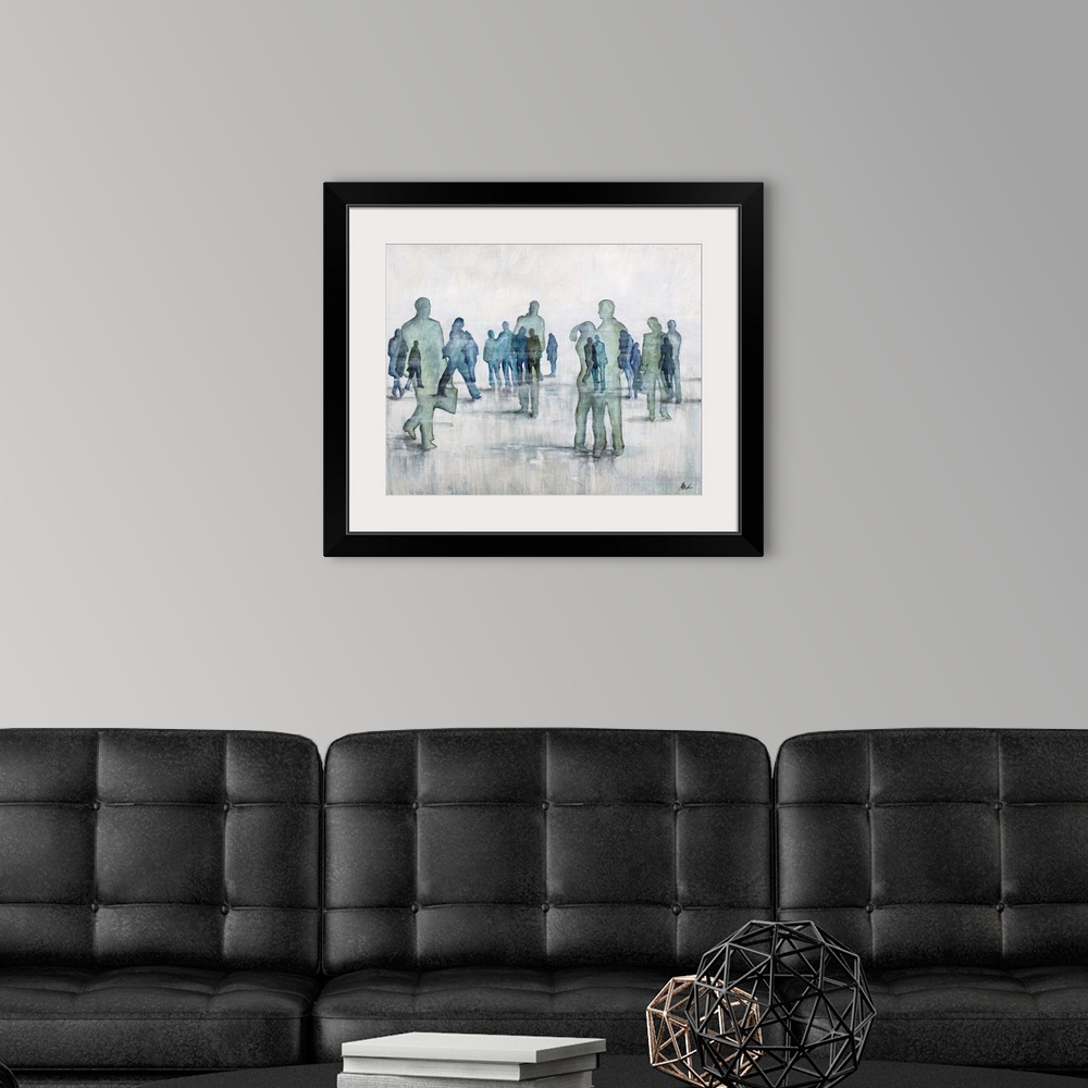 A modern room featuring Contemporary painting of transparent figures in cool tones gathering.