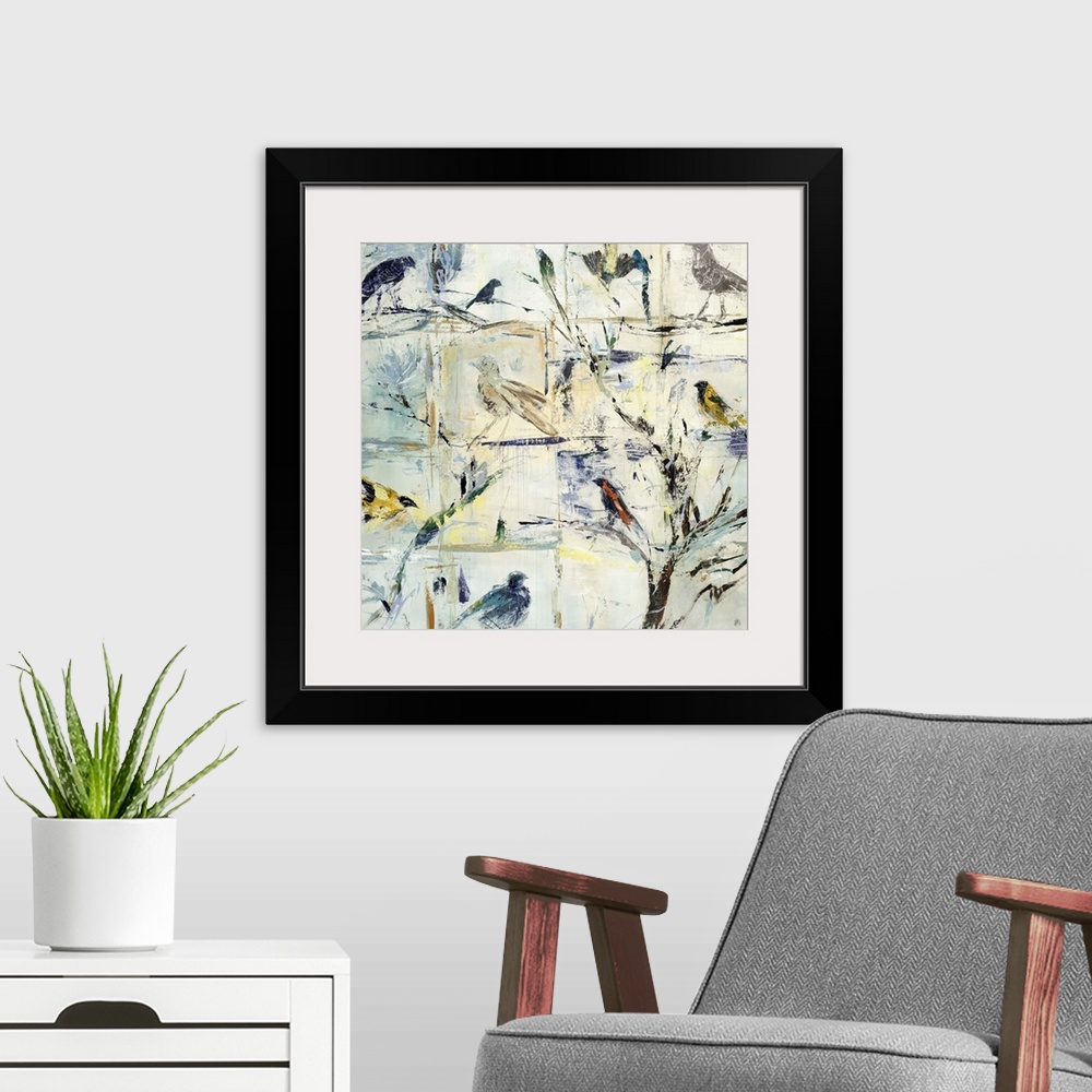 A modern room featuring Contemporary painting of various abstracted birds against a cool cream background.