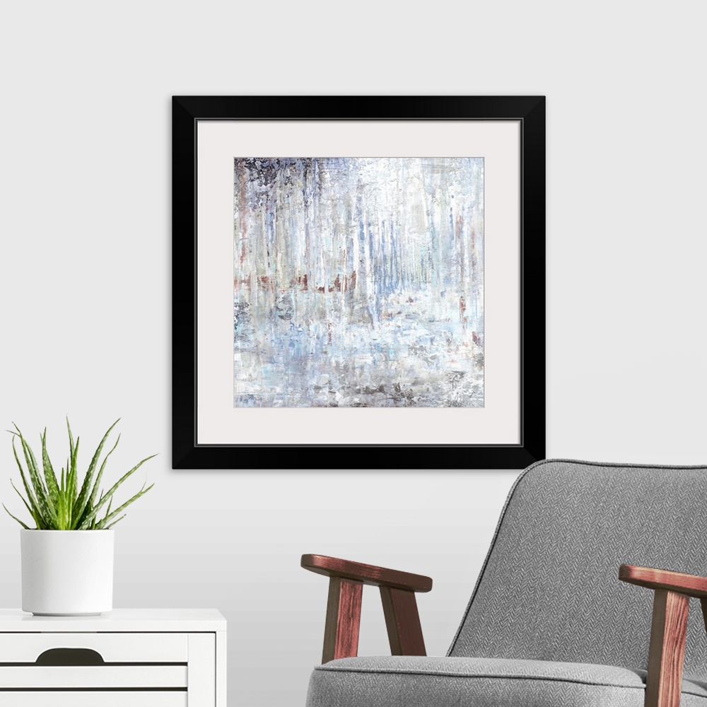 A modern room featuring Contemporary abstract painting using muted tones of gray.