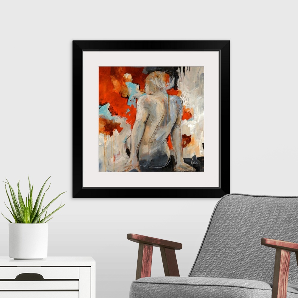 A modern room featuring Figurative art work of a female nude from behind and abstract background. This square wall art wo...