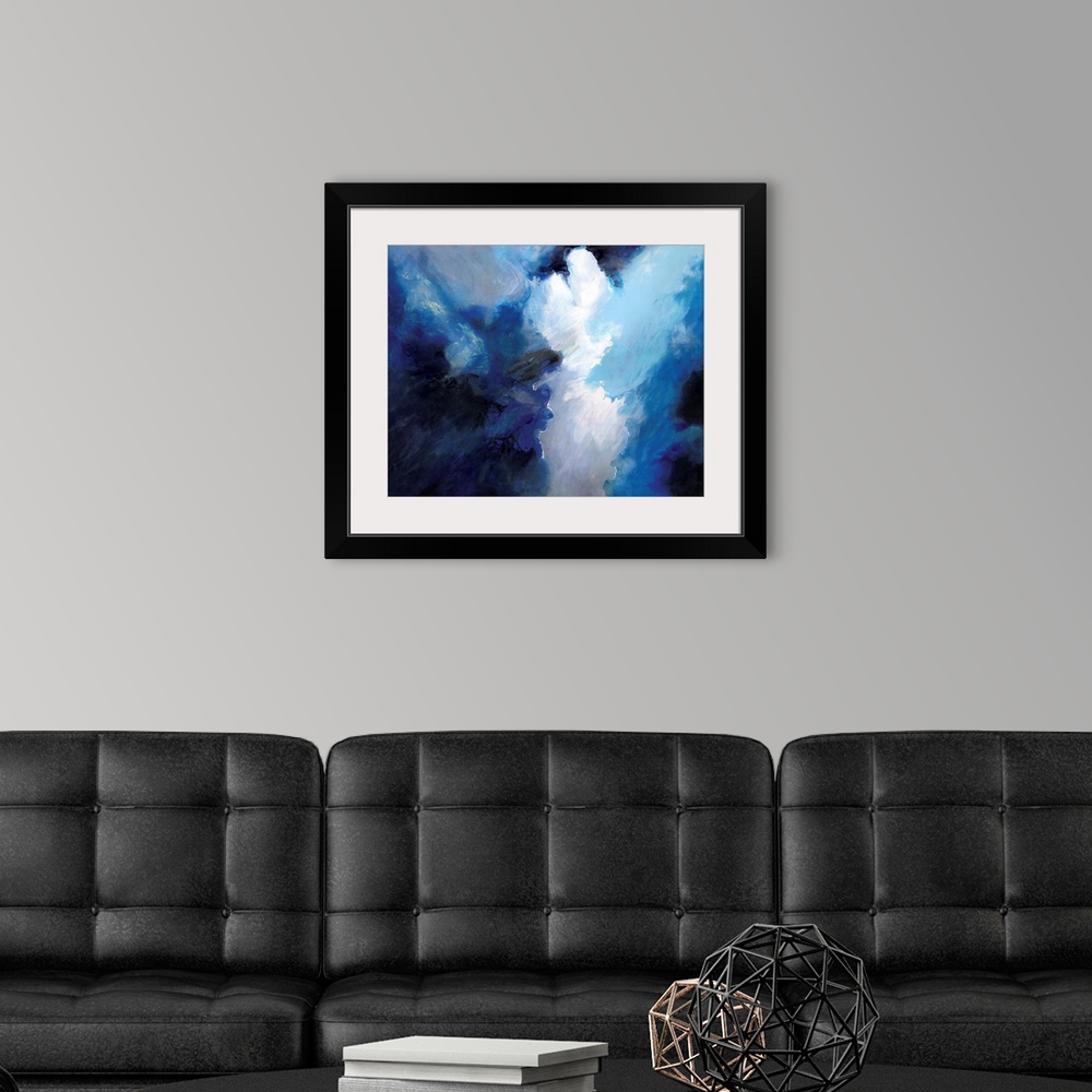 A modern room featuring Contemporary abstract artwork resembling dark clouds before a storm.