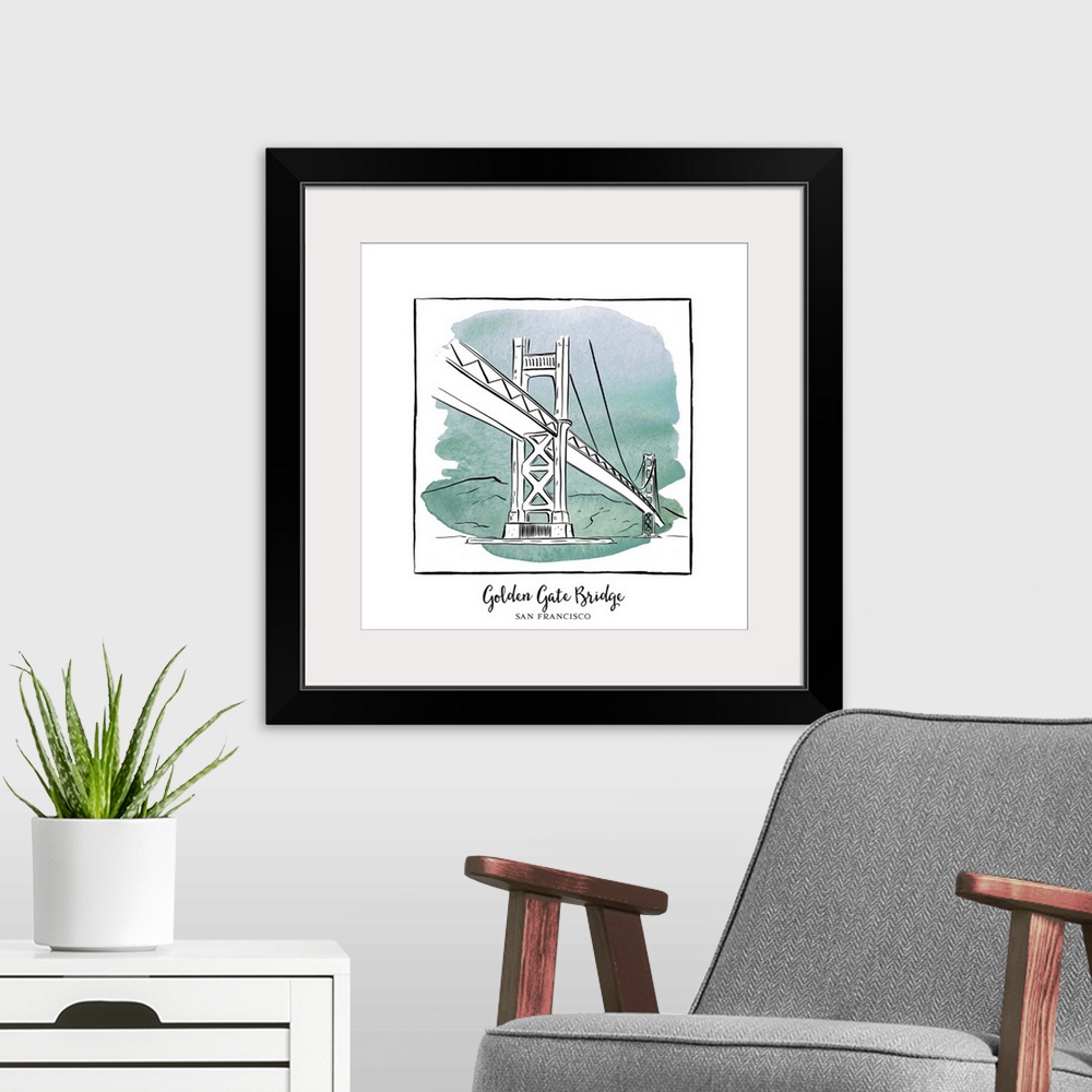 A modern room featuring An ink illustration of the Golden Gate Bridge in San Francisco, California, with a teal watercolo...