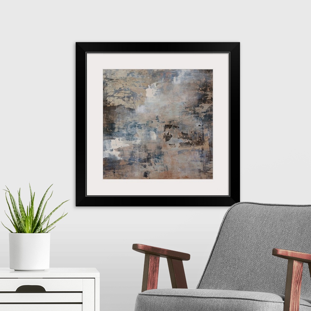 A modern room featuring Giant abstract art composed of assorted streaks and patches of faded earth tones layered on top o...