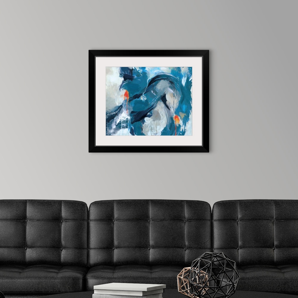 A modern room featuring Contemporary abstract artwork in swirling blue and black shades.