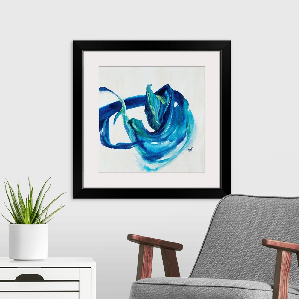 A modern room featuring Contemporary painting of an energetic form painting in various shades of blue with hints of yello...