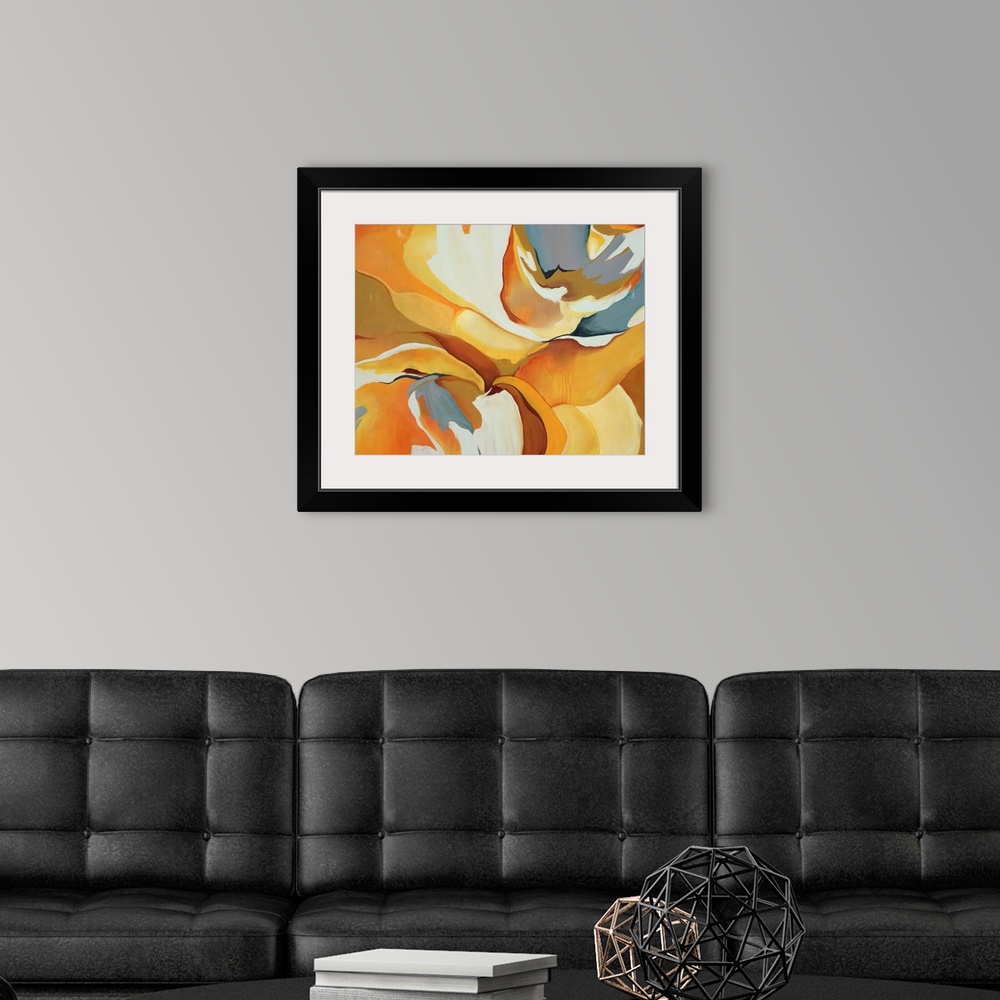 A modern room featuring Bright abstract painting of fluid forms in varying shades of yellow, from lemon to mustard.