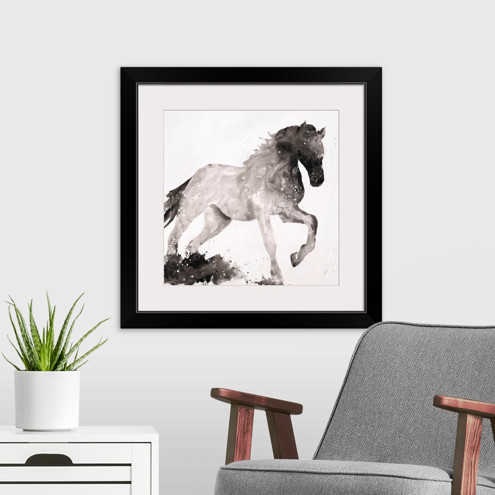 A modern room featuring Silhouette of a horse with its front leg up in shades of black and gray on a white, square backgr...
