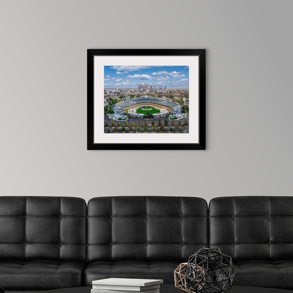 A modern room featuring Aerial view of the Dodger Stadium with the Los Angeles skyline in the distance, California.