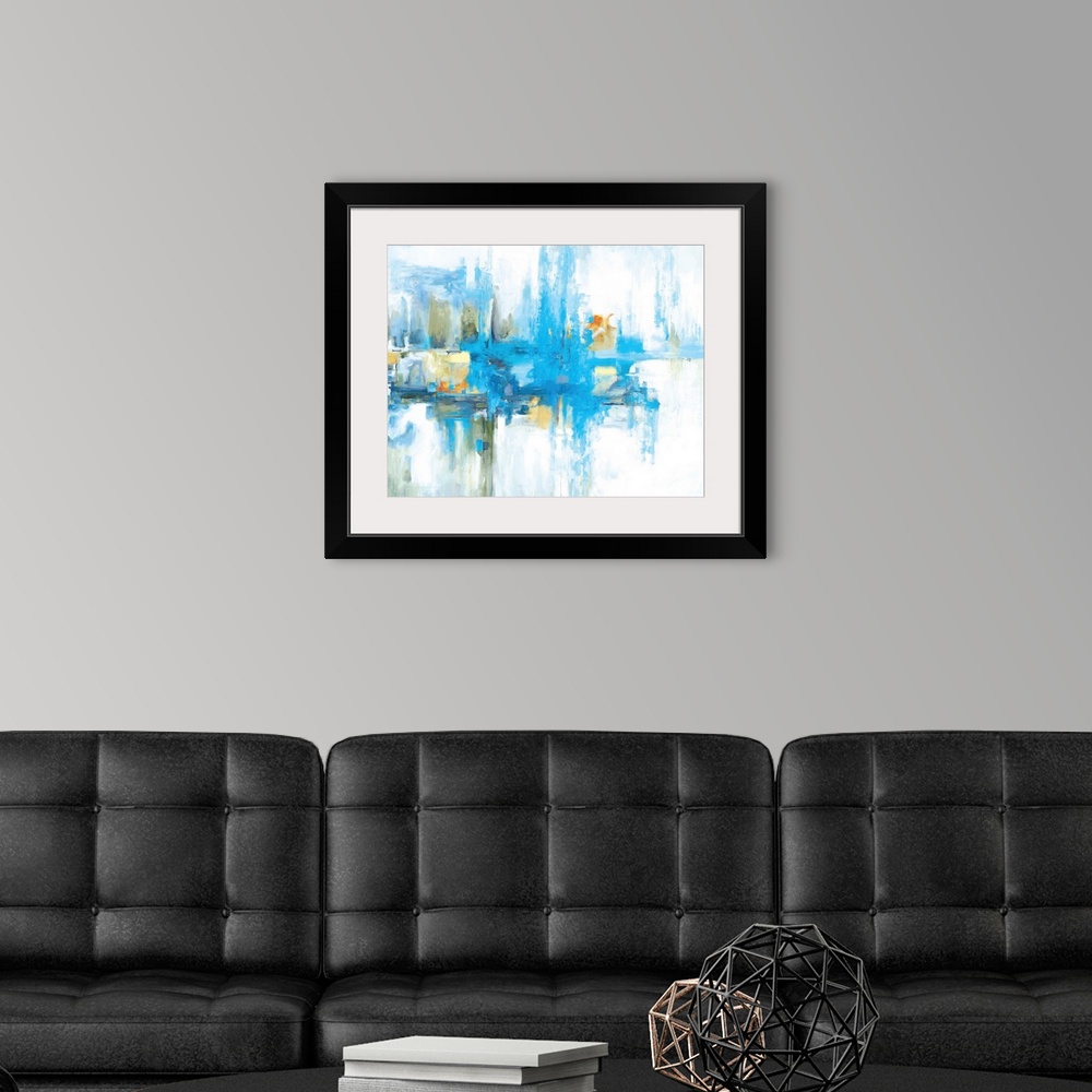 A modern room featuring Contemporary abstract painting in vibrant shades of blue with soft yellow and grey tones.