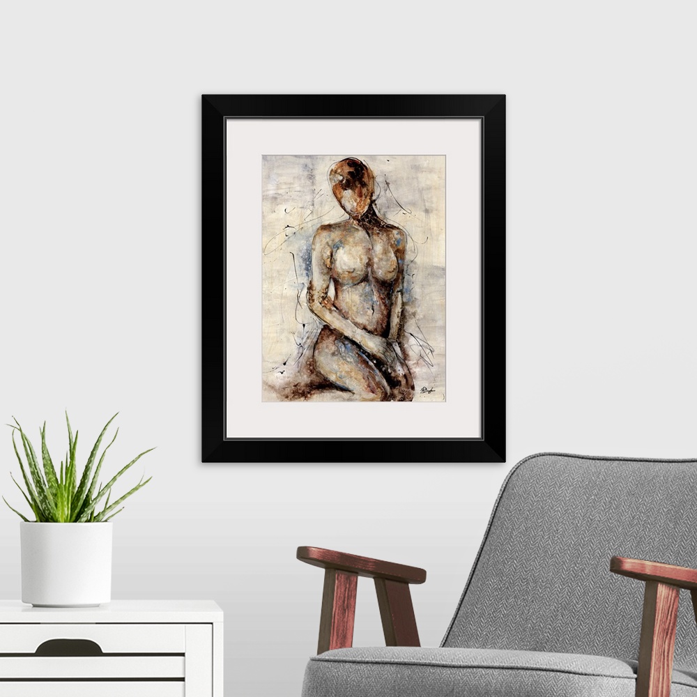 A modern room featuring Contemporary abstract figurative painting of a woman's figure sitting on her knees. The image is ...