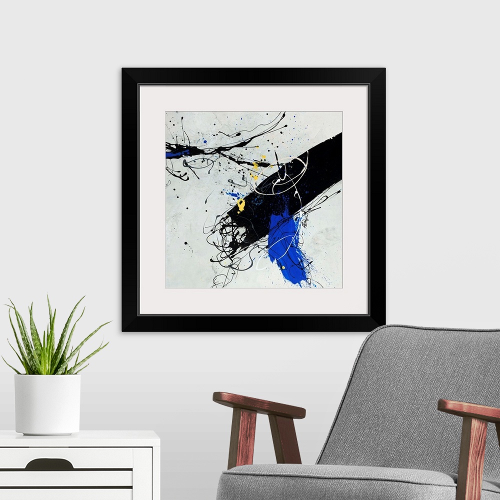 A modern room featuring Contemporary abstract painting of a large black brushstroke accented with electric blue and cool ...