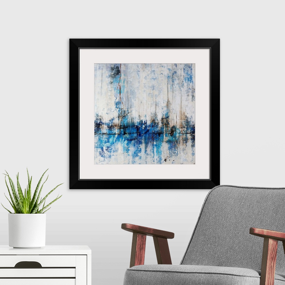 A modern room featuring Abstract painting of a city skyline in cool tones, reflecting in the water in the foreground. Pai...