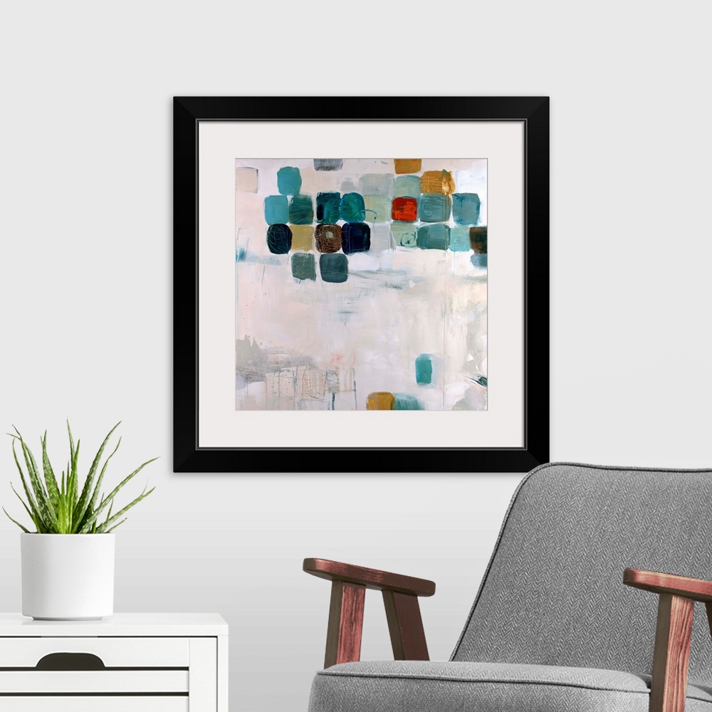 A modern room featuring Large abstract art incorporates a muted toned background with patches of evenly sized squares spr...