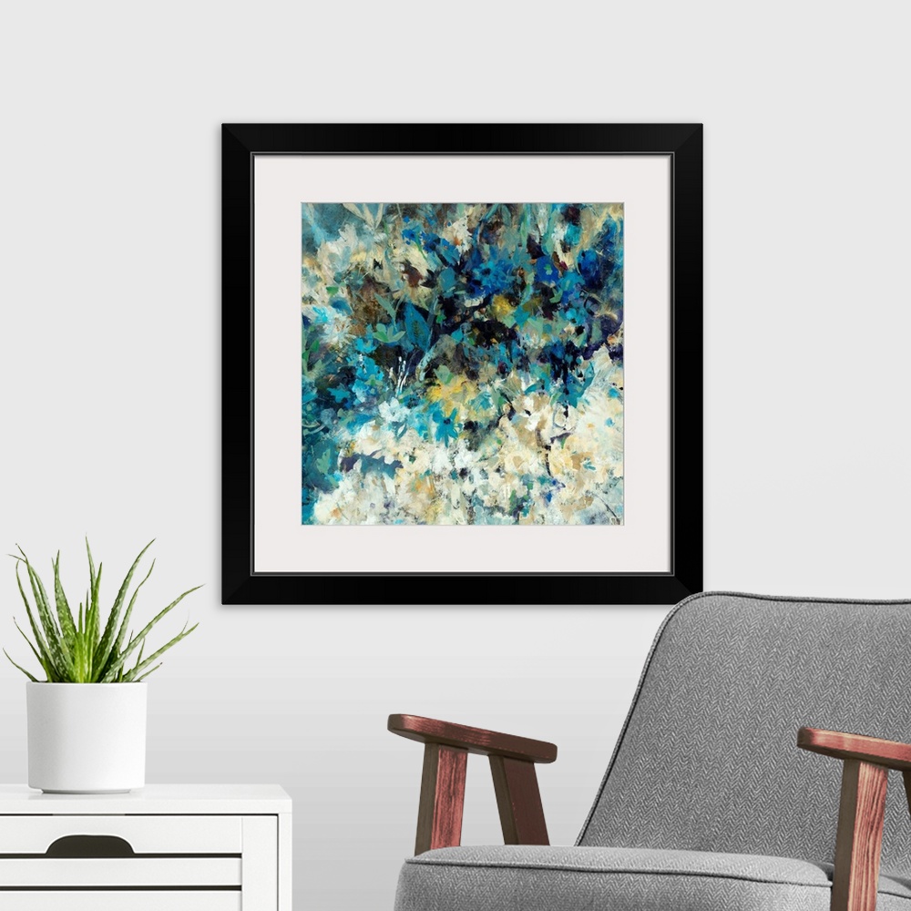 A modern room featuring Square, oversized abstract painting of many small flowers in light, cool tones. Painted with shor...