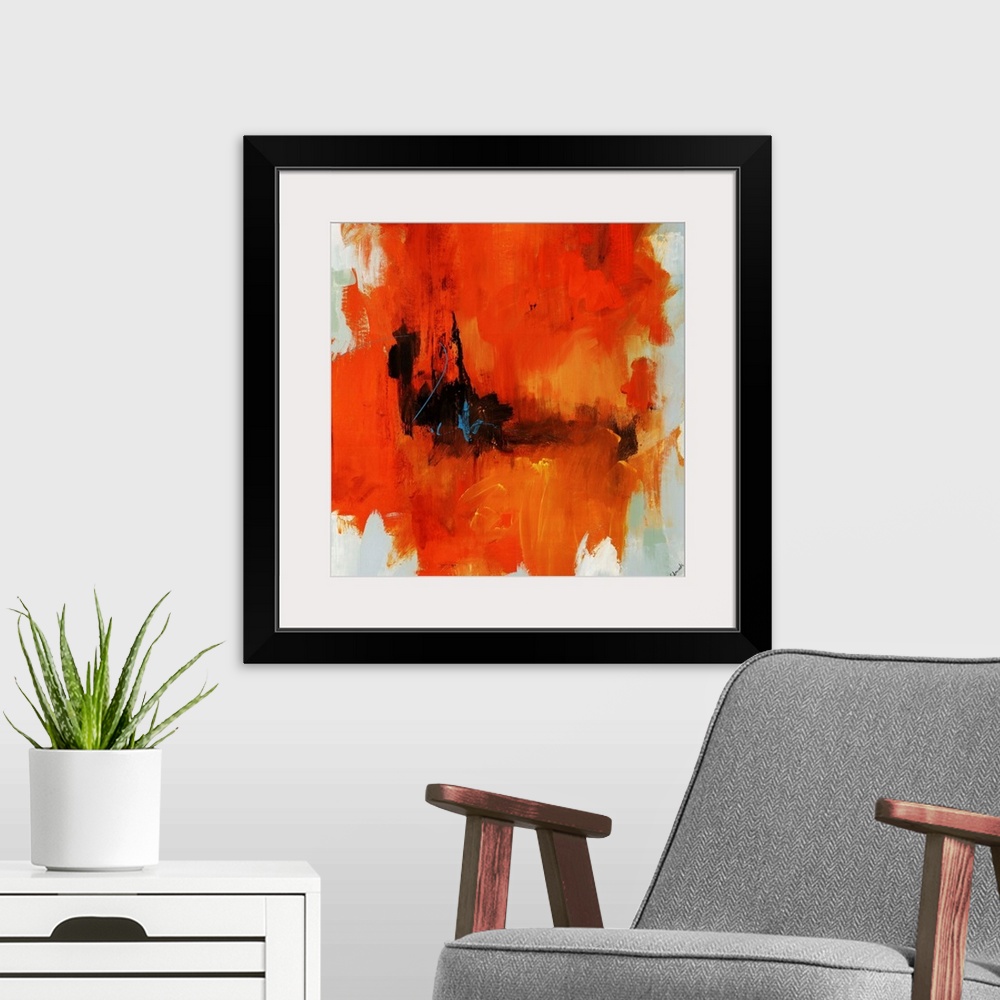 A modern room featuring Abstract painting on a square canvas of large bright warm paint strokes contrasted against lighte...
