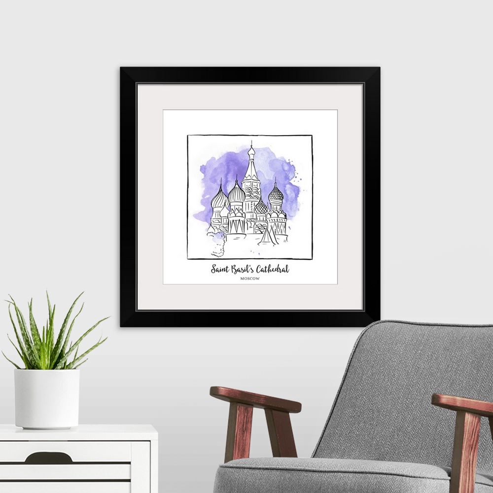 A modern room featuring An ink illustration of Saint Basil's Cathedral in Moscow, Russia, with a violet watercolor wash.
