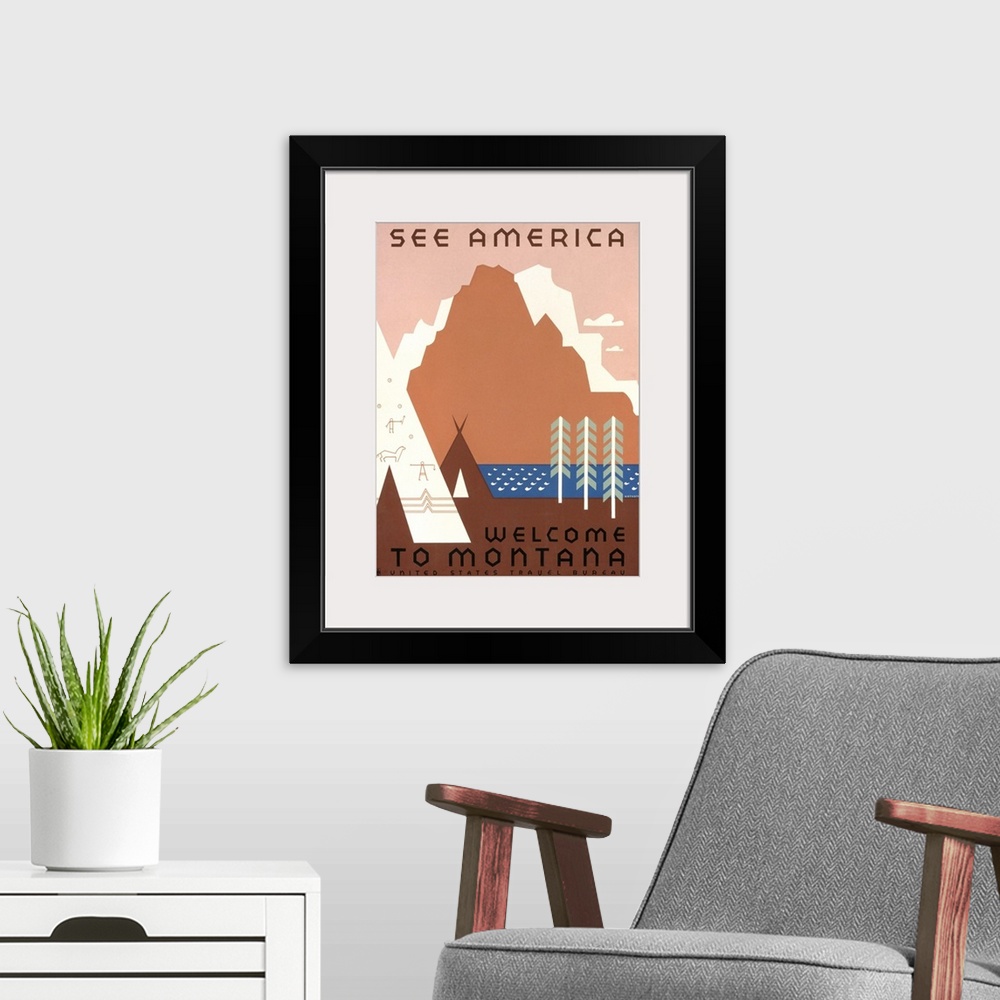 A modern room featuring See America, welcome to Montana. Poster for United States Travel Bureau promoting travel to Monta...