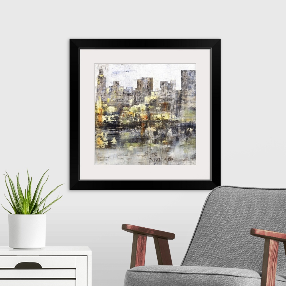 A modern room featuring Square abstract painting of a city skyline with tall buildings in dark shades of gray and brown w...