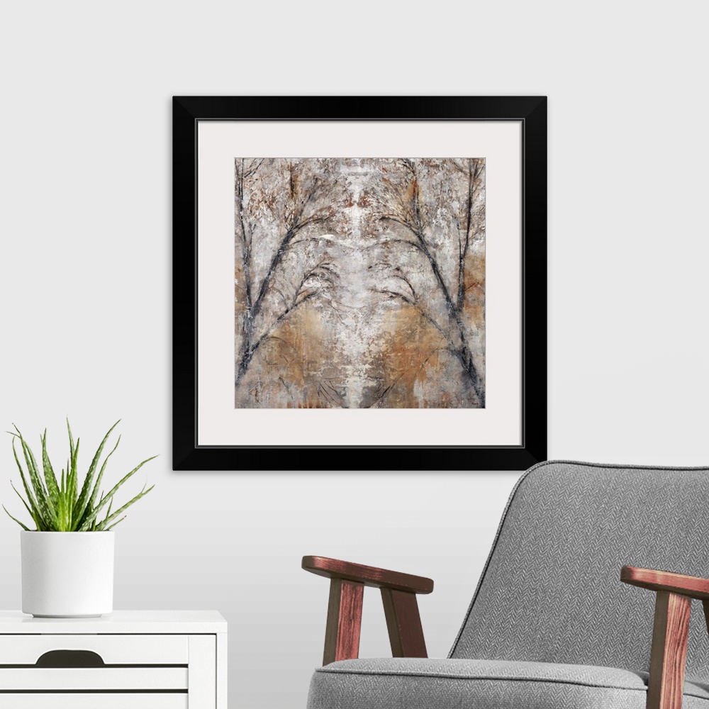 A modern room featuring Abstract landscape painting of a path between two trees done in cool, neutral tones and silvery g...