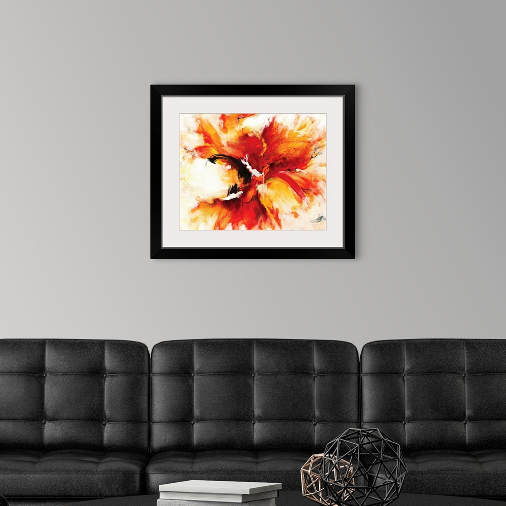 A modern room featuring A contemporary abstract painting of a fiery explosion of red and orange with bursts of yellow lik...