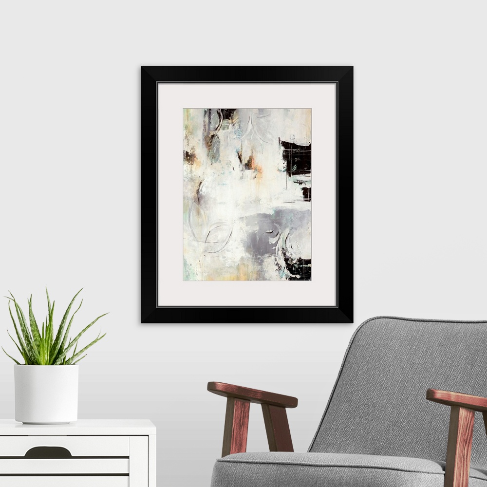 A modern room featuring This vertical abstract painting is a variety of textures accentuated by areas dark paint smears i...