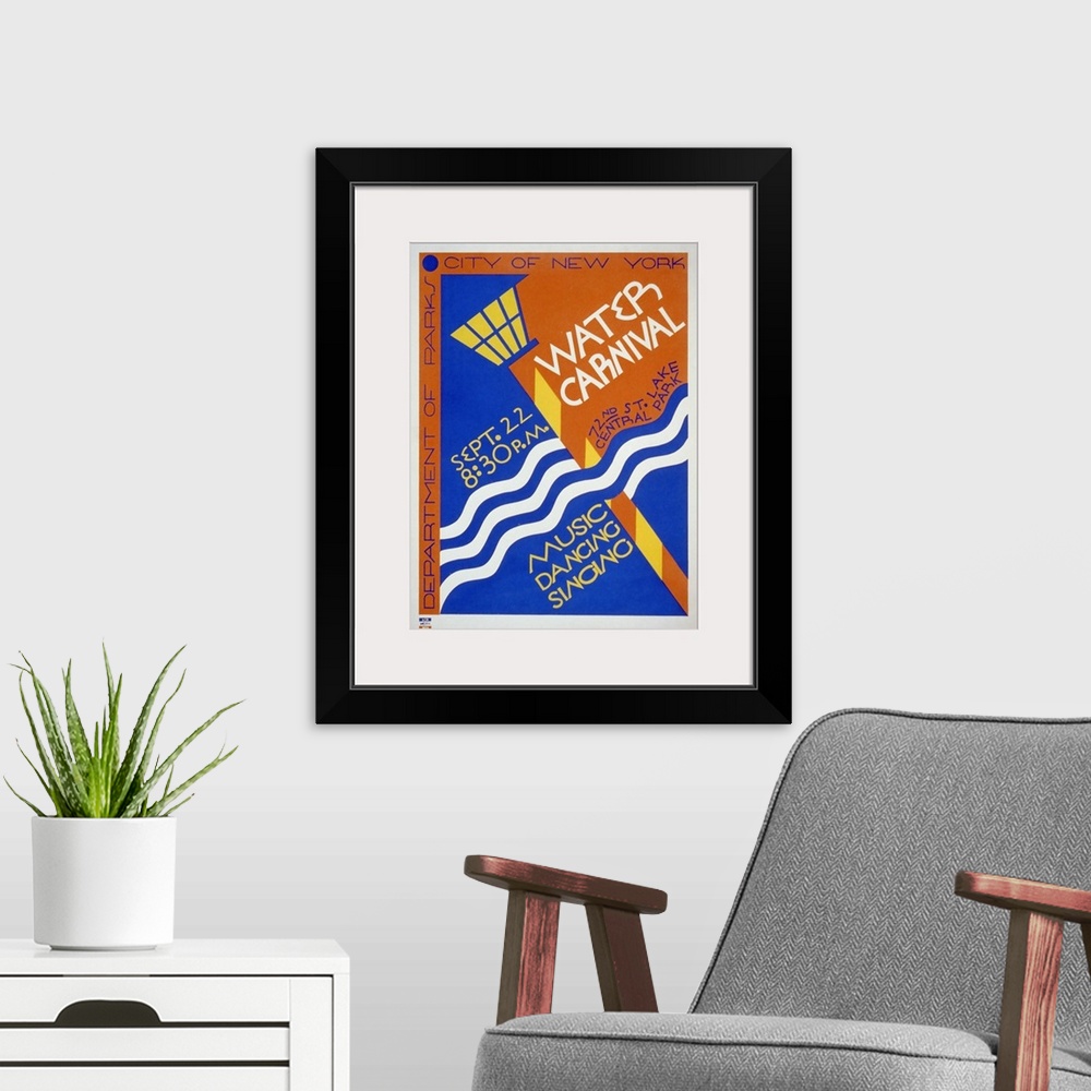 A modern room featuring Water Carnival: Music, Dancing, Singing. Poster for City of New York Dept. of Parks, announcing w...