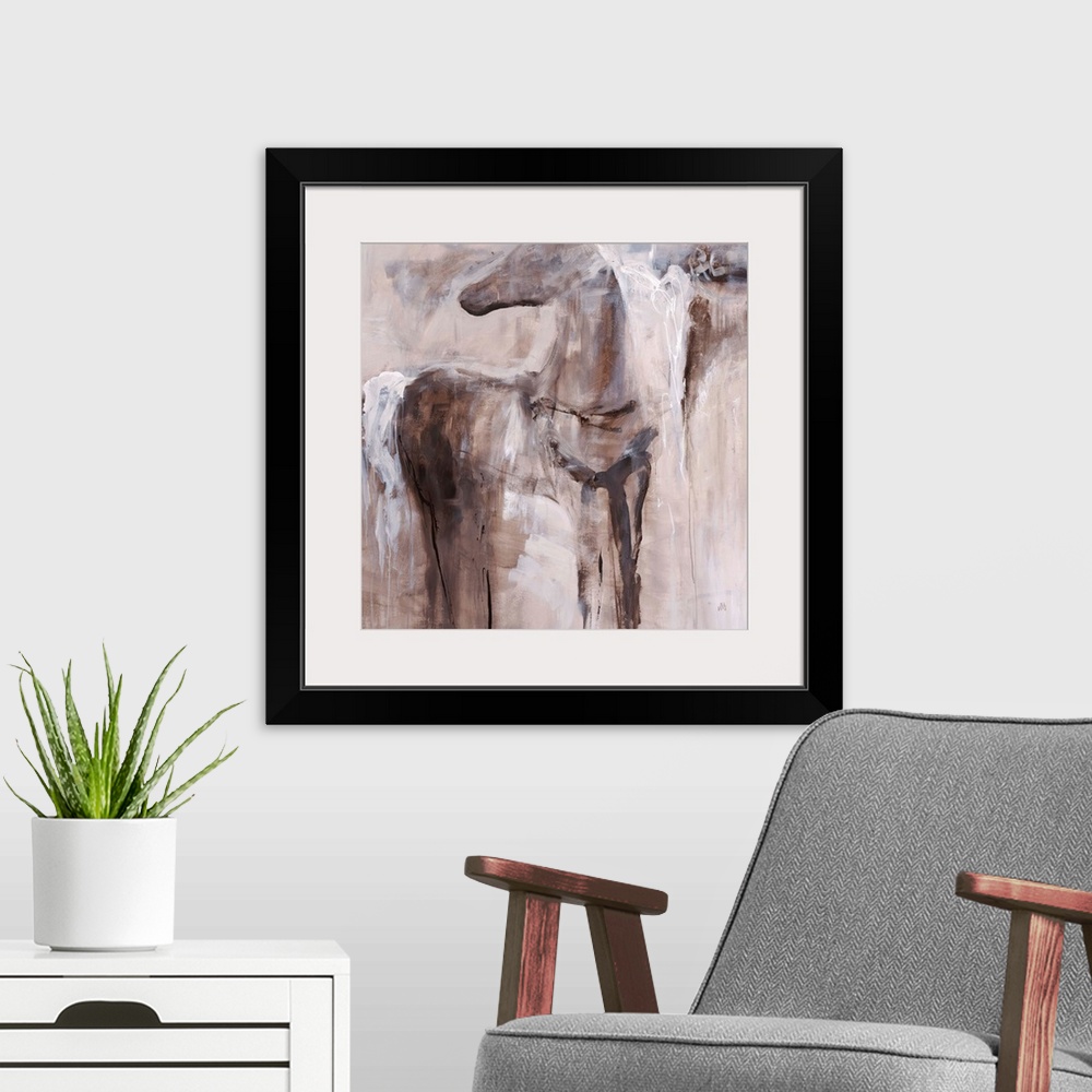 A modern room featuring Abstract painting of a figure of a horse fading into the background of earthy tones.