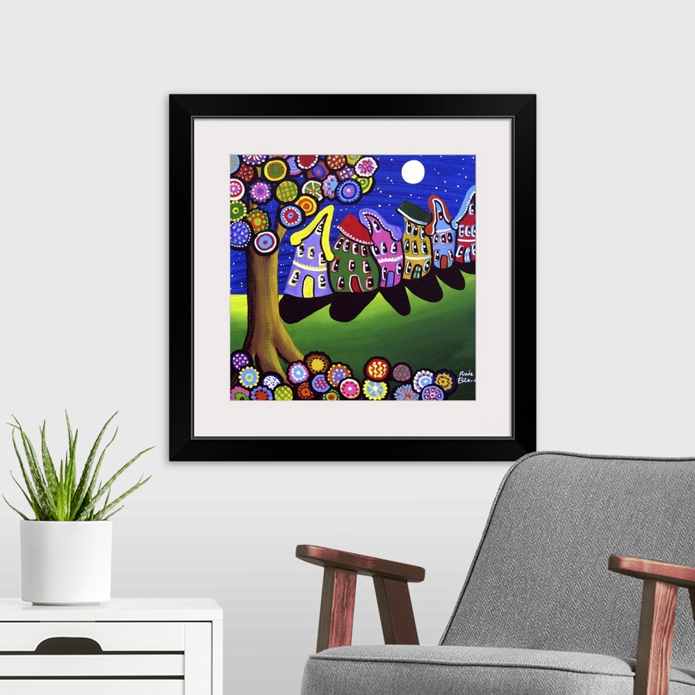 A modern room featuring Fun, slanting houses lean to and fro underneath a colorful tree and full moon.