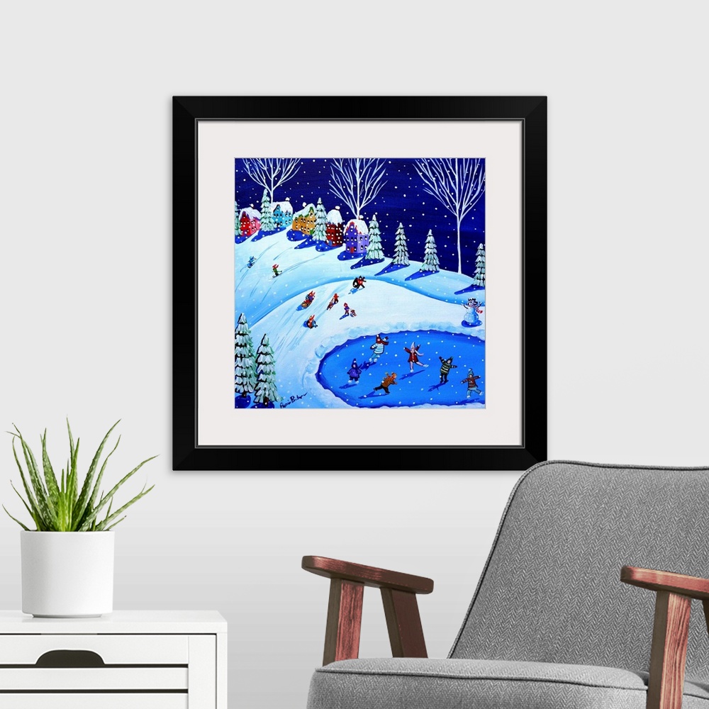 A modern room featuring Winter fun ice skating, sled riding and playing in the snow.