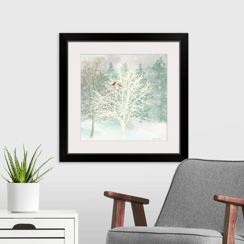 A modern room featuring A group of bare trees with red birds as snowflakes fall.