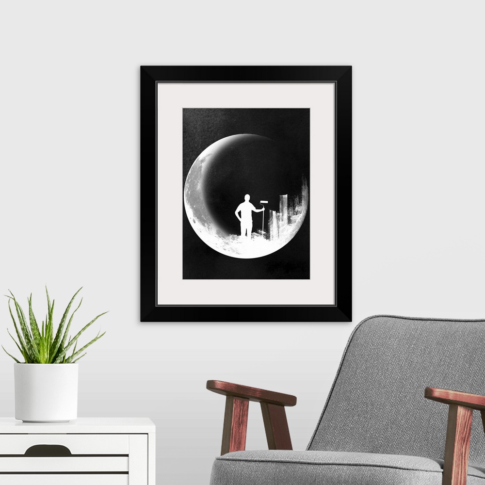 A modern room featuring Contemporary silhouetted image of man inside of the moon with a paintbrush.
