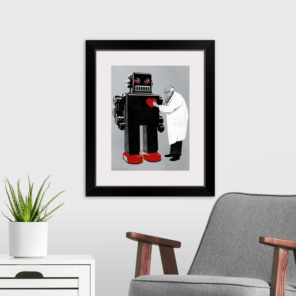 A modern room featuring An elderly doctor listening with his stethoscope to the red hear of a vintage style robot.