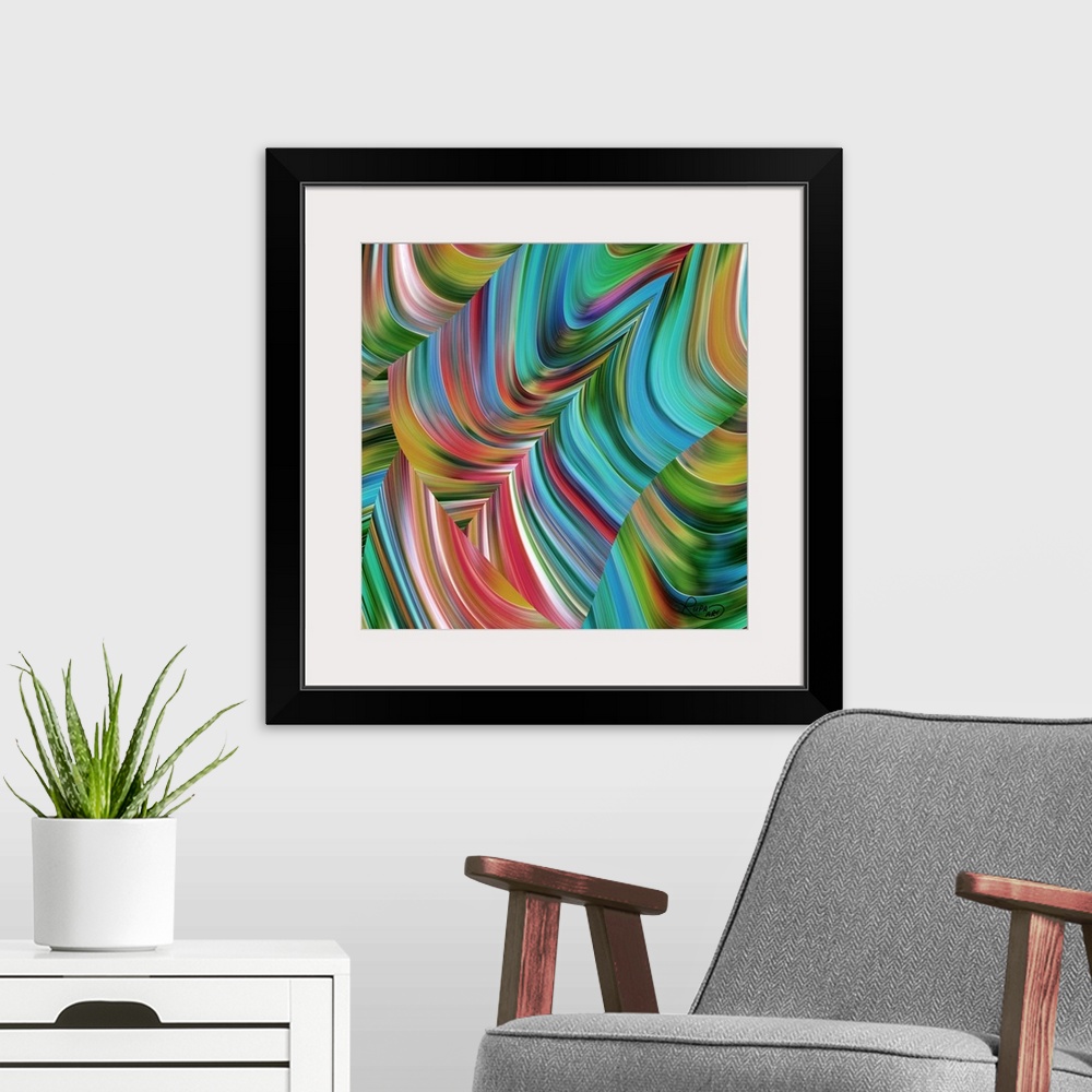 A modern room featuring Square abstract art with gradients of color made out of thin lines and arched together creating m...
