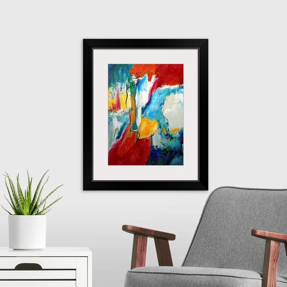 A modern room featuring Vertical abstract painting of splashes of bright colors with dark brush stroke scribbled over top.