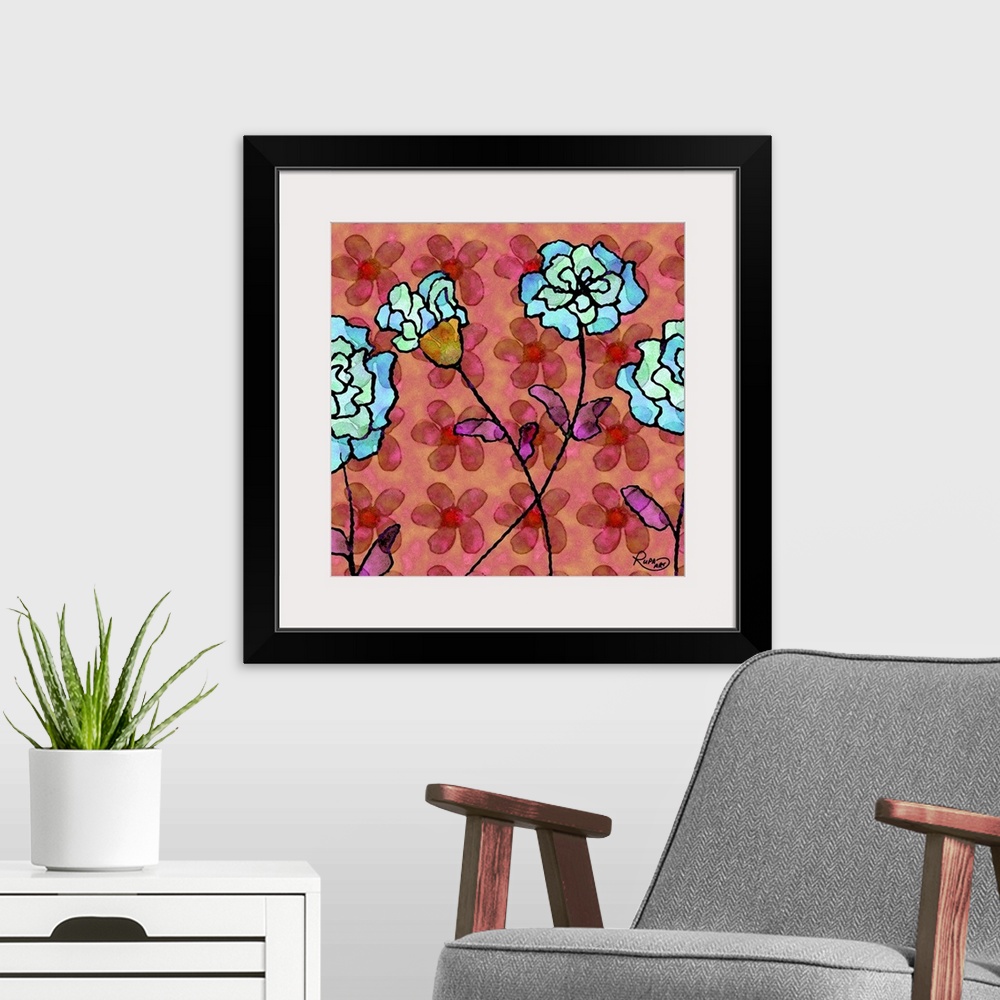 A modern room featuring Square abstract art with blue flowers outlined in black on a red and pink background with a flora...
