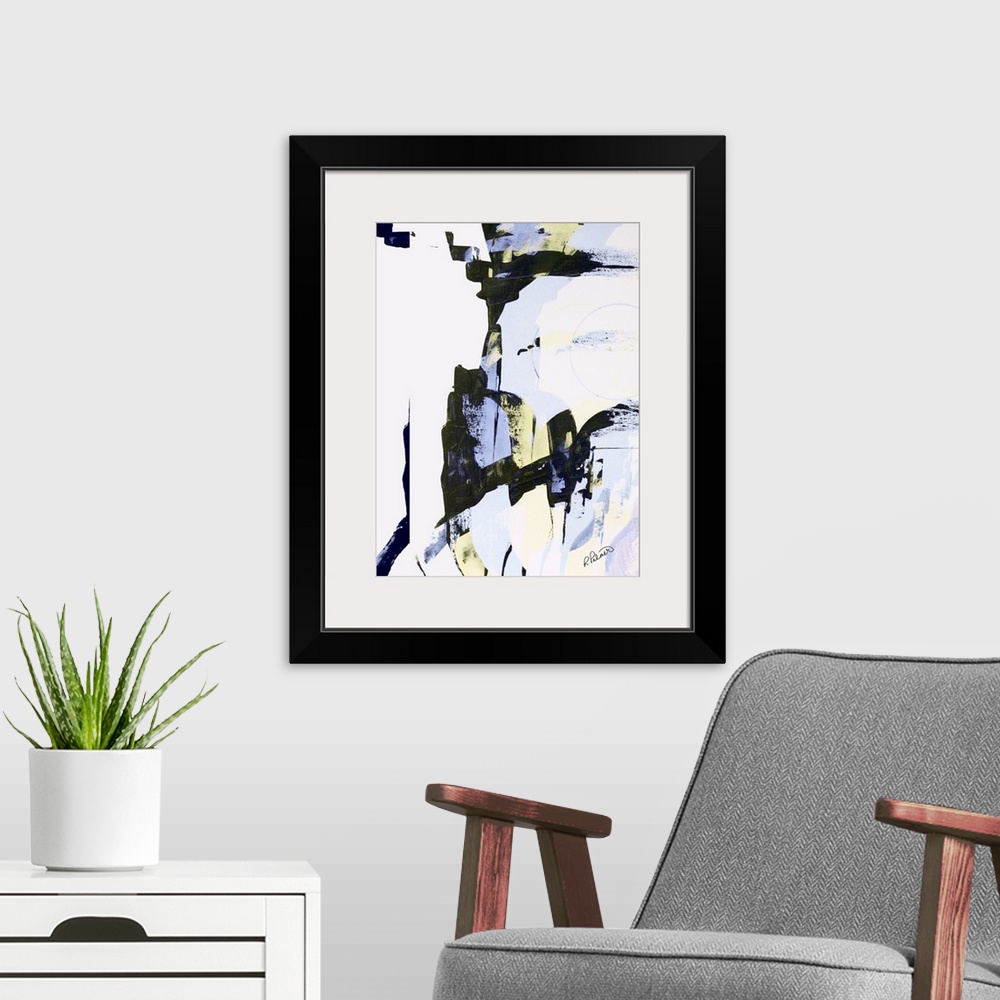 A modern room featuring Abstract painting with sporadic brushstrokes in black, yellow, and light purple hues on a white b...