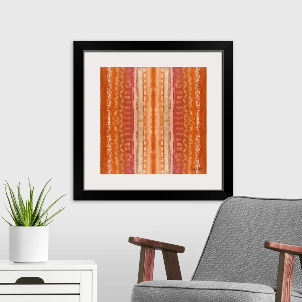 A modern room featuring Square contemporary artwork of vertical textured lines in different designs against an orange bac...