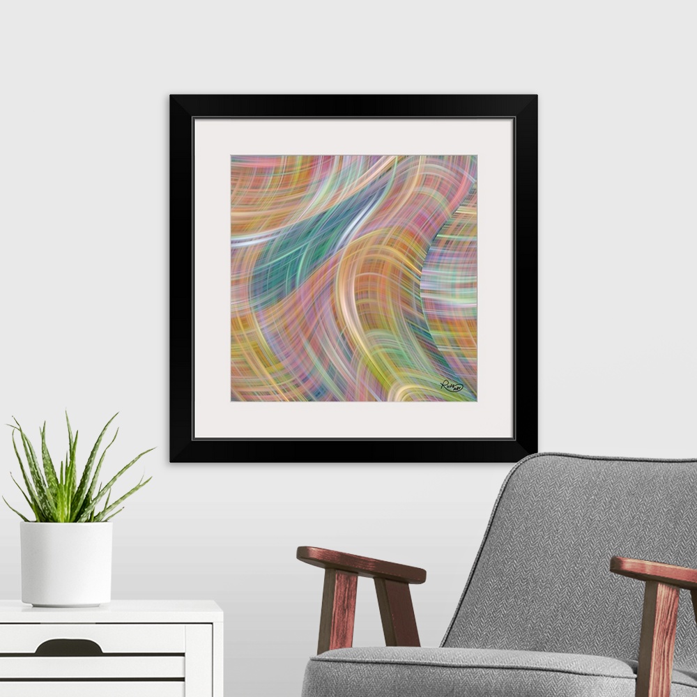 A modern room featuring Square abstract of striped swirled shapes in a multi-colored design.