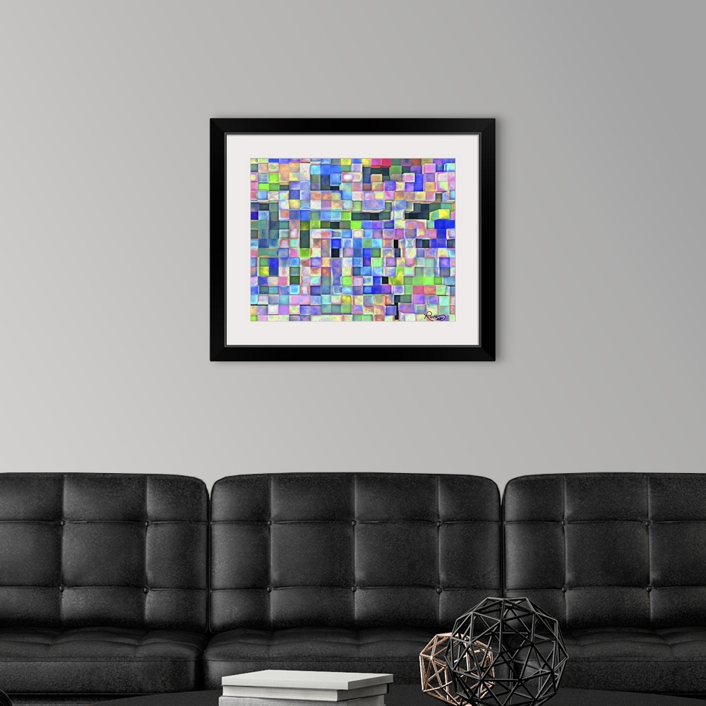 A modern room featuring Square abstract art that is made up of squares filled with color creating a tile pattern