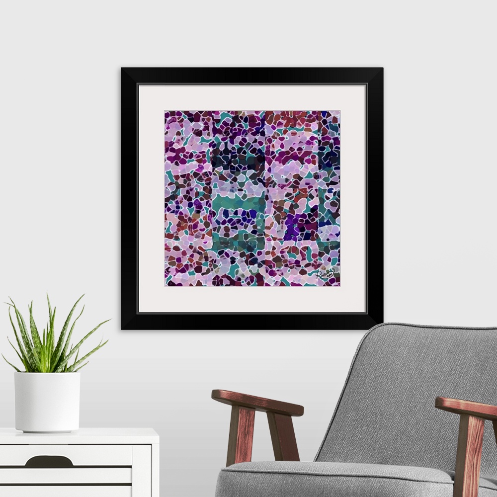 A modern room featuring Square abstract art with various shades of purple shapes combined together on a teal background m...