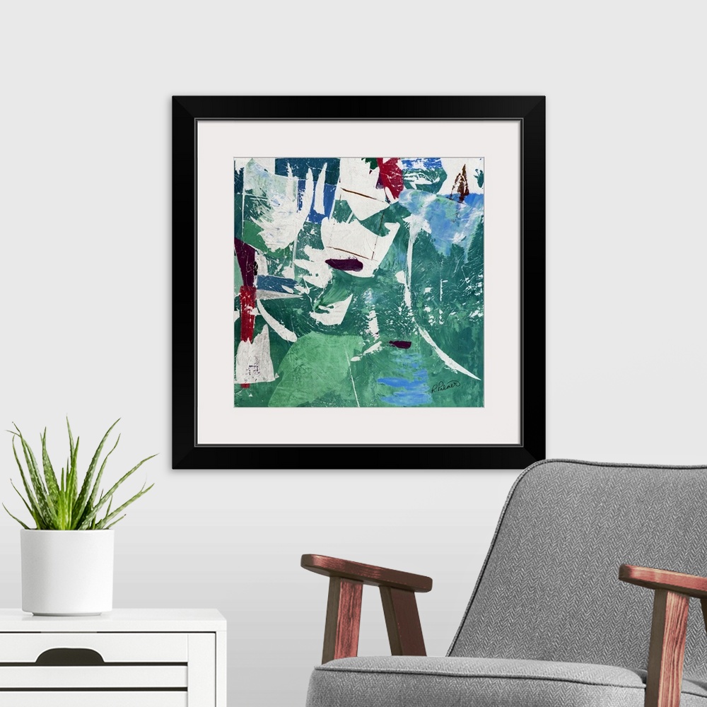 A modern room featuring Square abstract painting with green and blue shapes on the background and deep purple and red des...