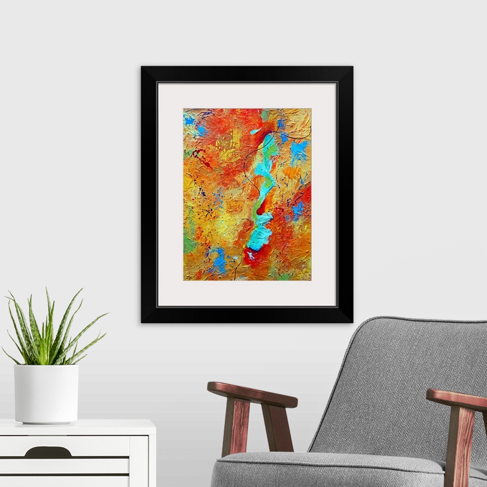 A modern room featuring Portrait, large abstract painting in multi-colored layers of transitioning colors, covered in sma...