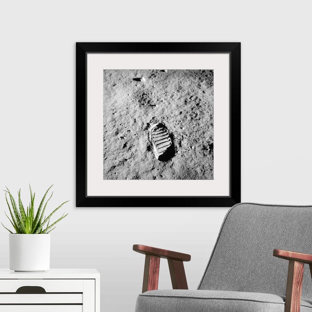 A modern room featuring Apollo 11 bootprint on Moon. This bootprint was made by US astronaut Buzz Aldrin (born 1930), the...